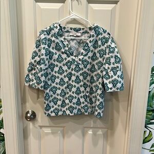 LOFT Blue and White Puff Sleeve Crop Blouse